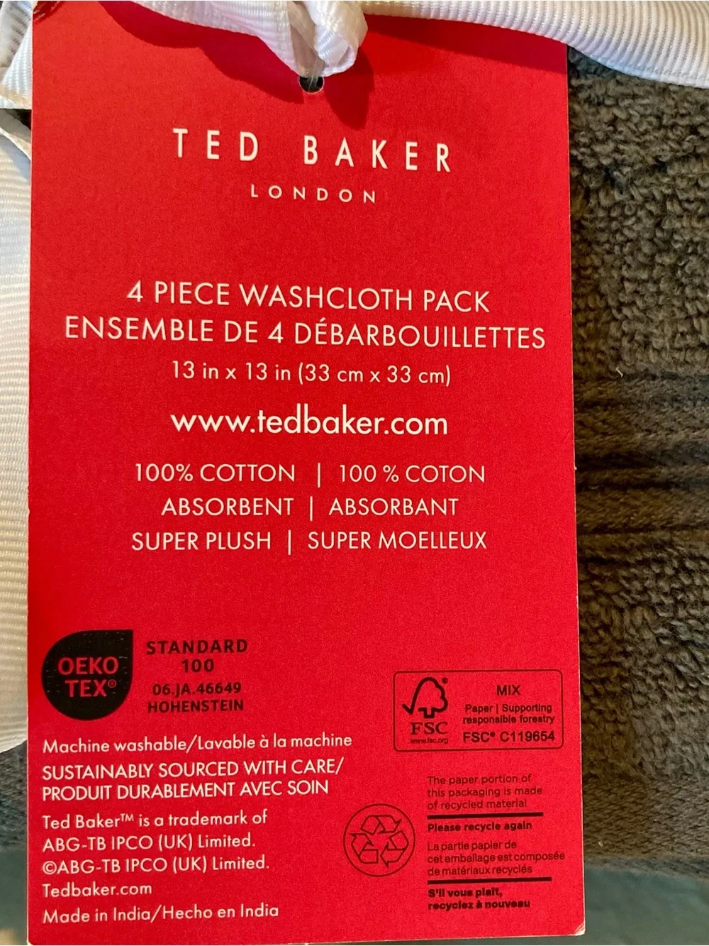 NWT Ted Baker Dark Gray Plush Cotton Washcloth Set